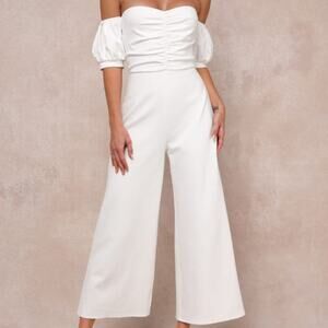 Lulus NWOT Impress Release White Off-The-Shoulder Puff Sleeve Ponte Jumpsuit XS